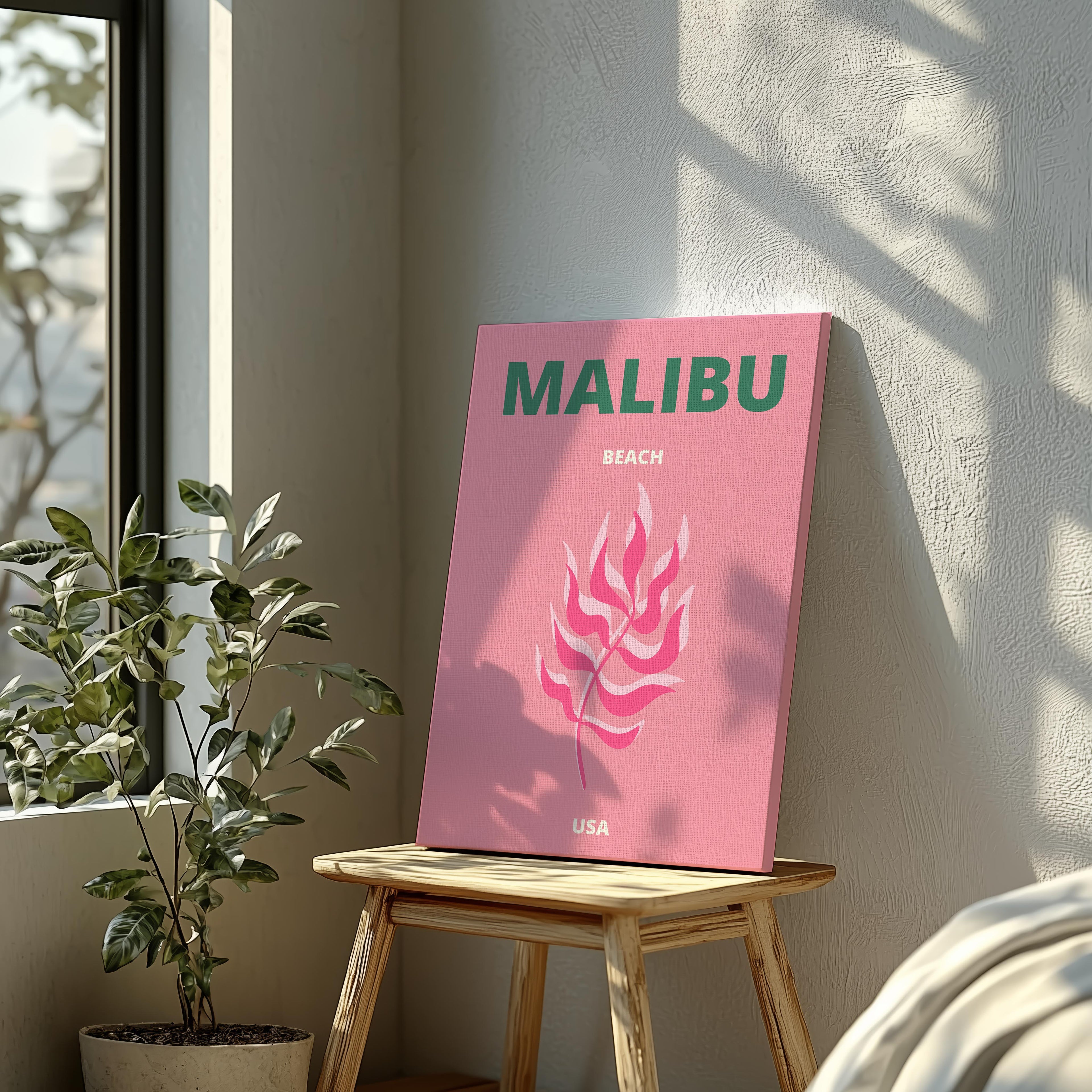 Pink & Green Malibu Beach California Travel - Framed Canvas Wall Art Print
