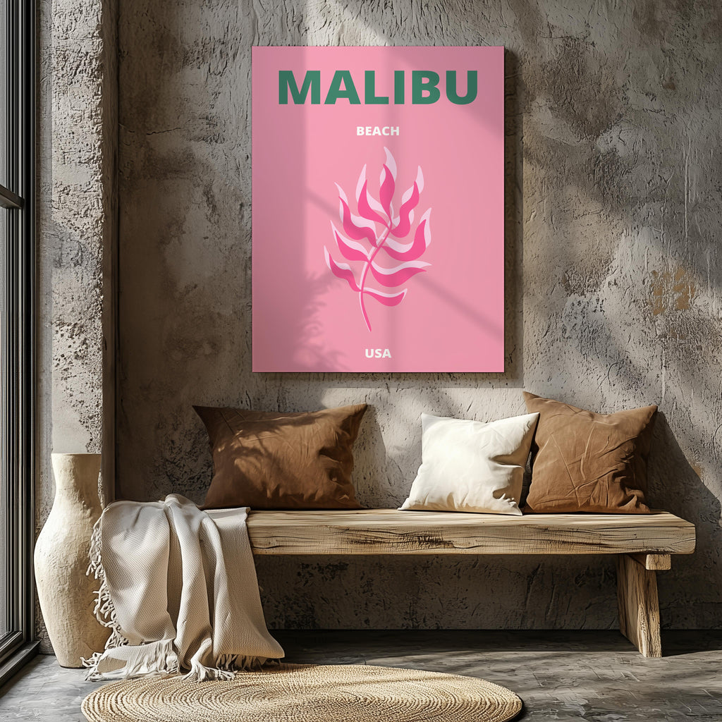 Pink & Green Malibu Beach California Travel - Framed Canvas Wall Art Print | House Prints
