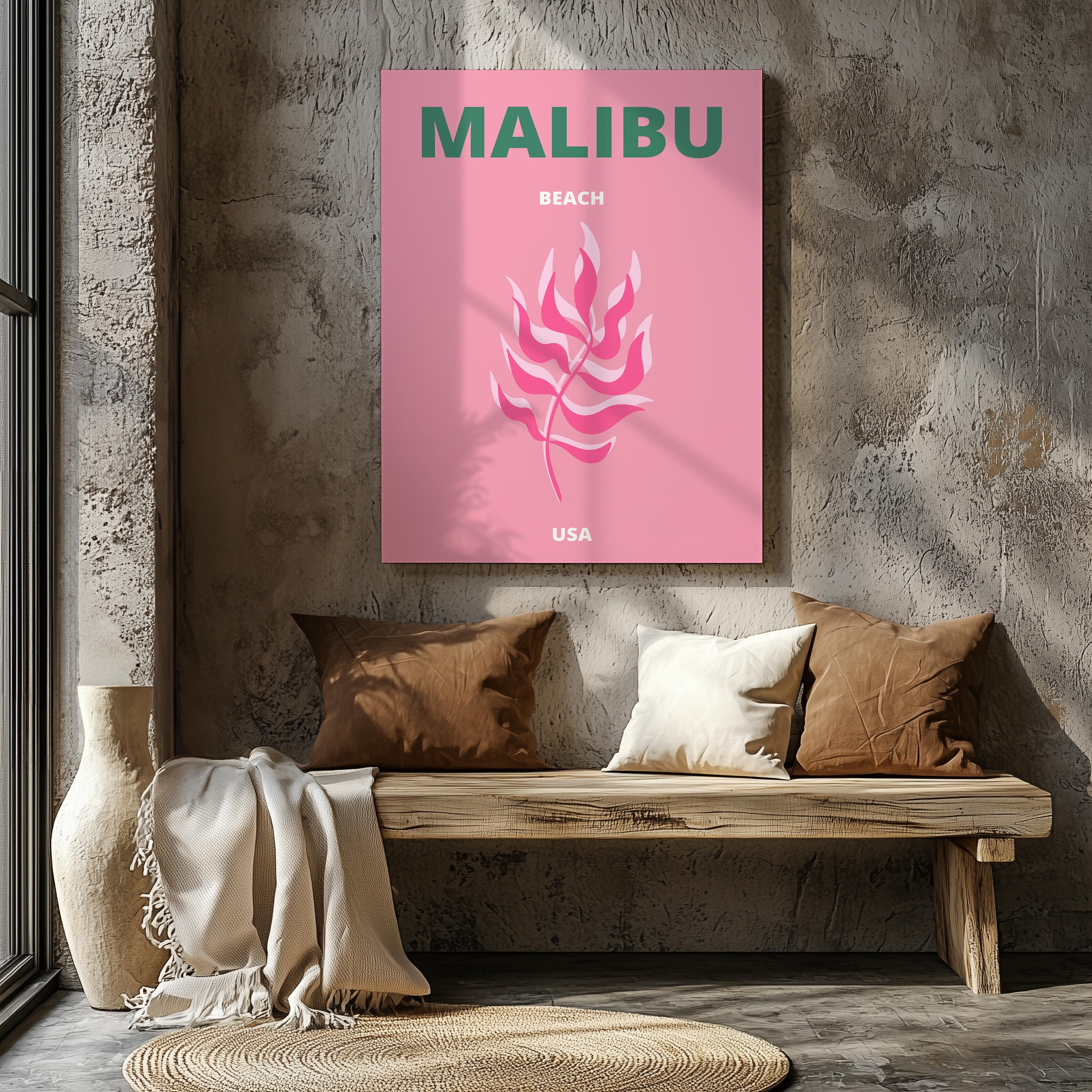 Pink & Green Malibu Beach California Travel - Framed Canvas Wall Art Print | House Prints