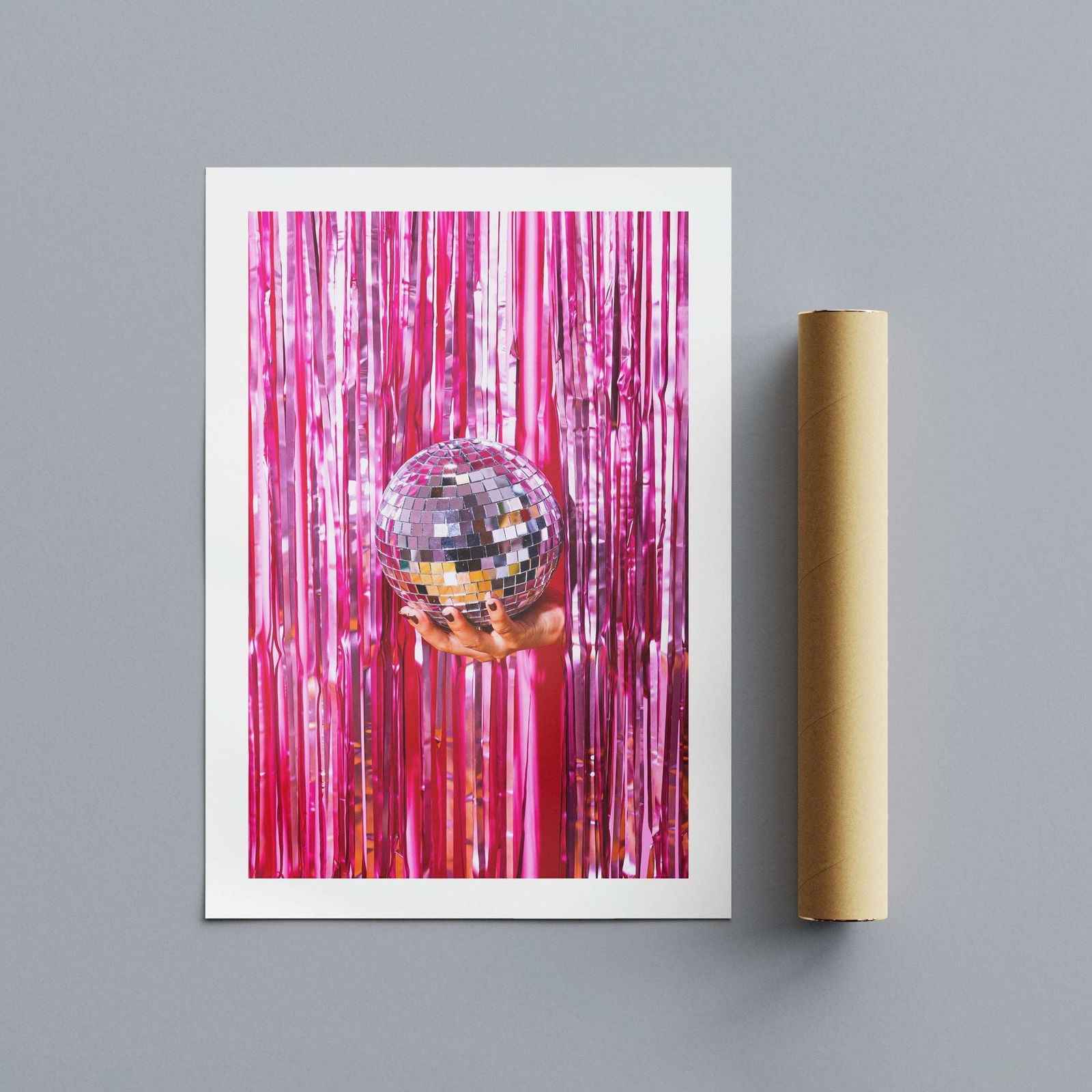 Pink Sparkle Disco Ball Party - Rolled Poster Wall Art Print - House Prints