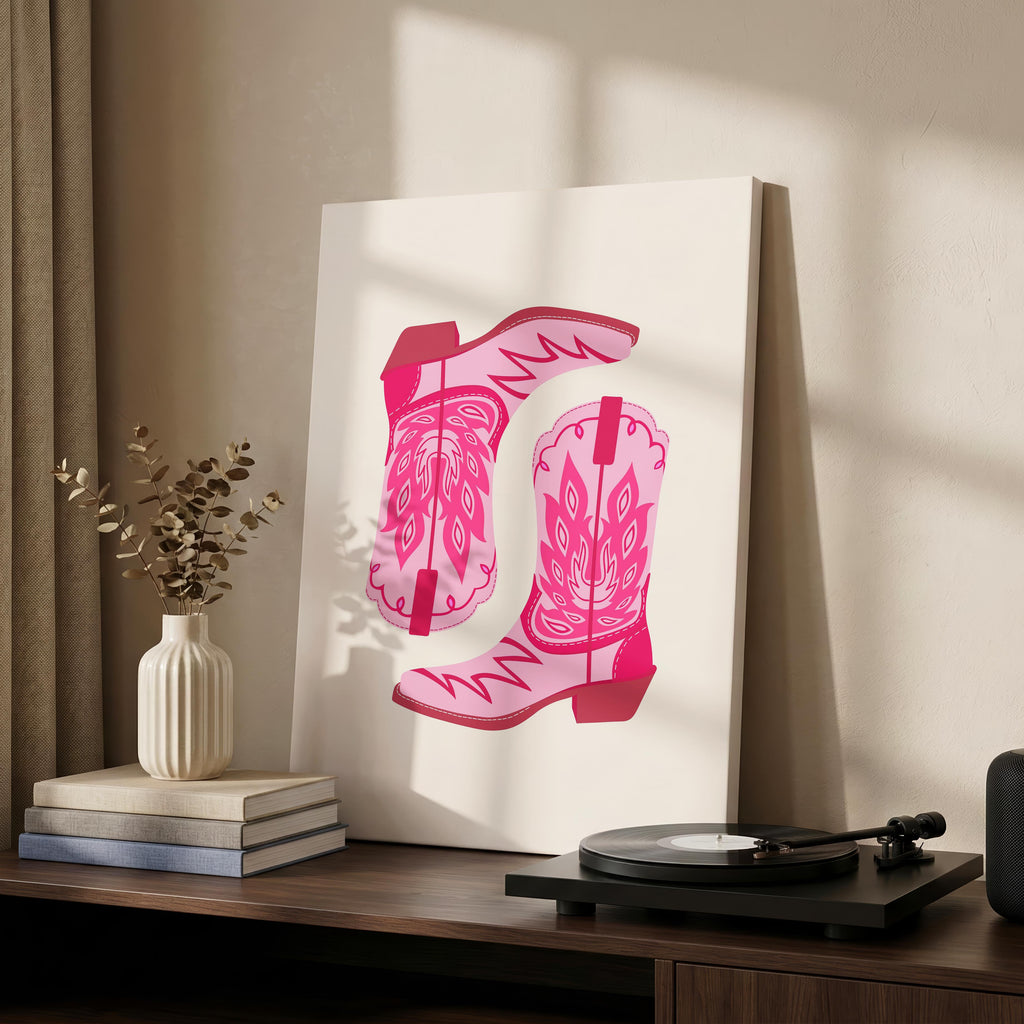Playful Retro Pink Cowgirl Western Boots - Framed Canvas Wall Art Print | House Prints