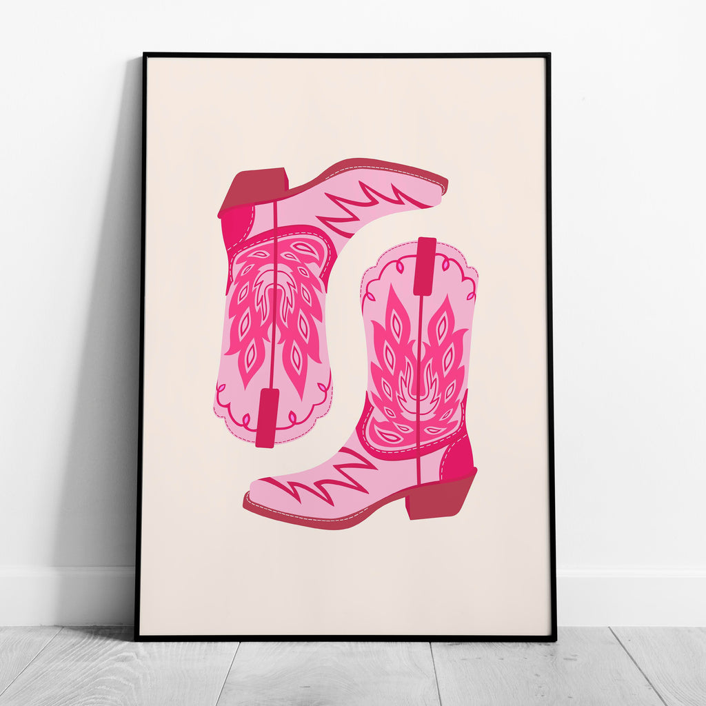 Playful Retro Pink Cowgirl Western Boots - Rolled Poster Wall Art Print