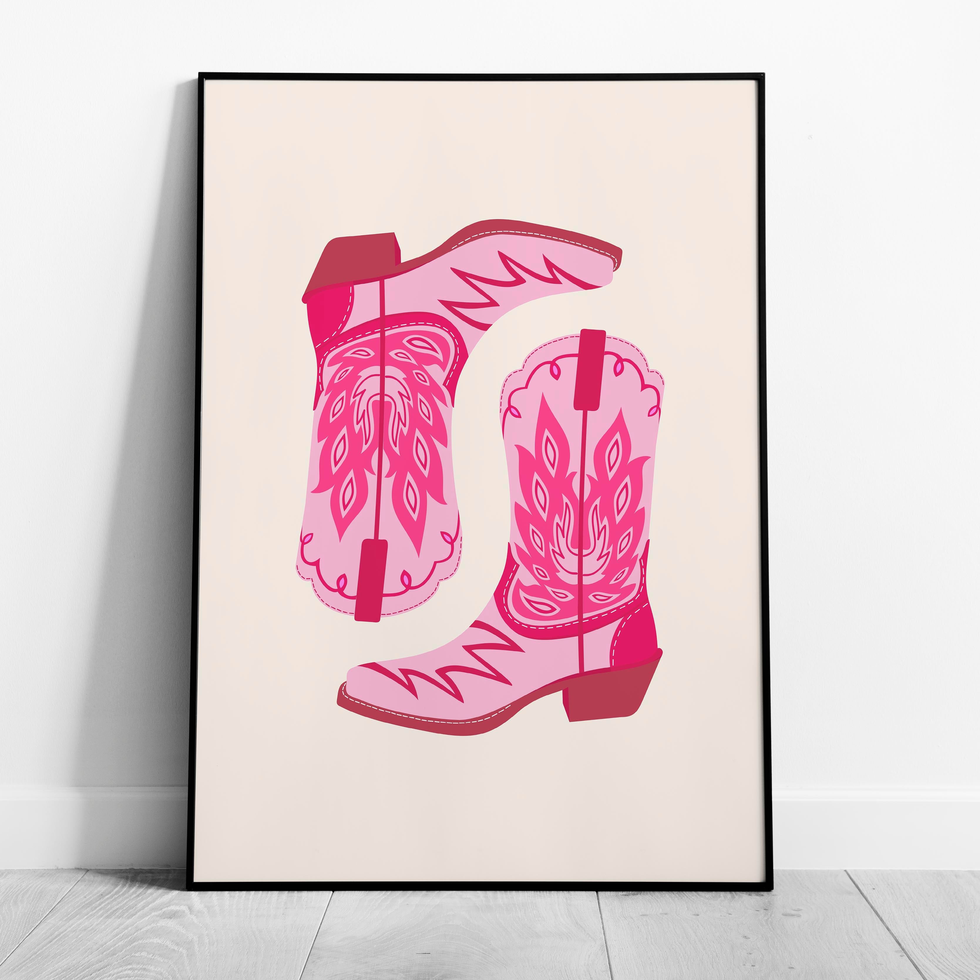 Playful Retro Pink Cowgirl Western Boots - Rolled Poster Wall Art Print