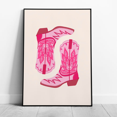 Playful Retro Pink Cowgirl Western Boots - Rolled Poster Wall Art Print | House Prints