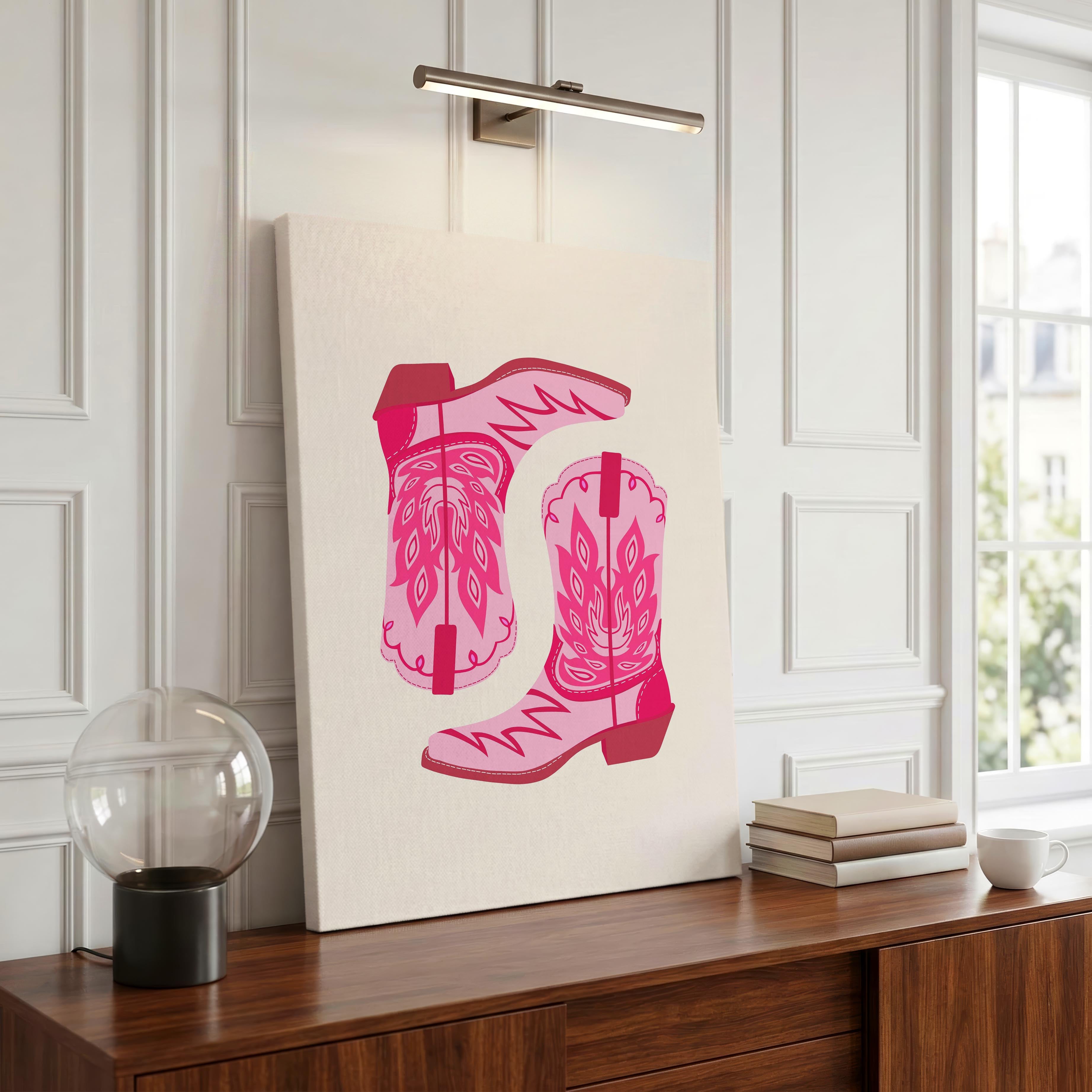 Playful Retro Pink Cowgirl Western Boots - Framed Canvas Wall Art Print | House Prints
