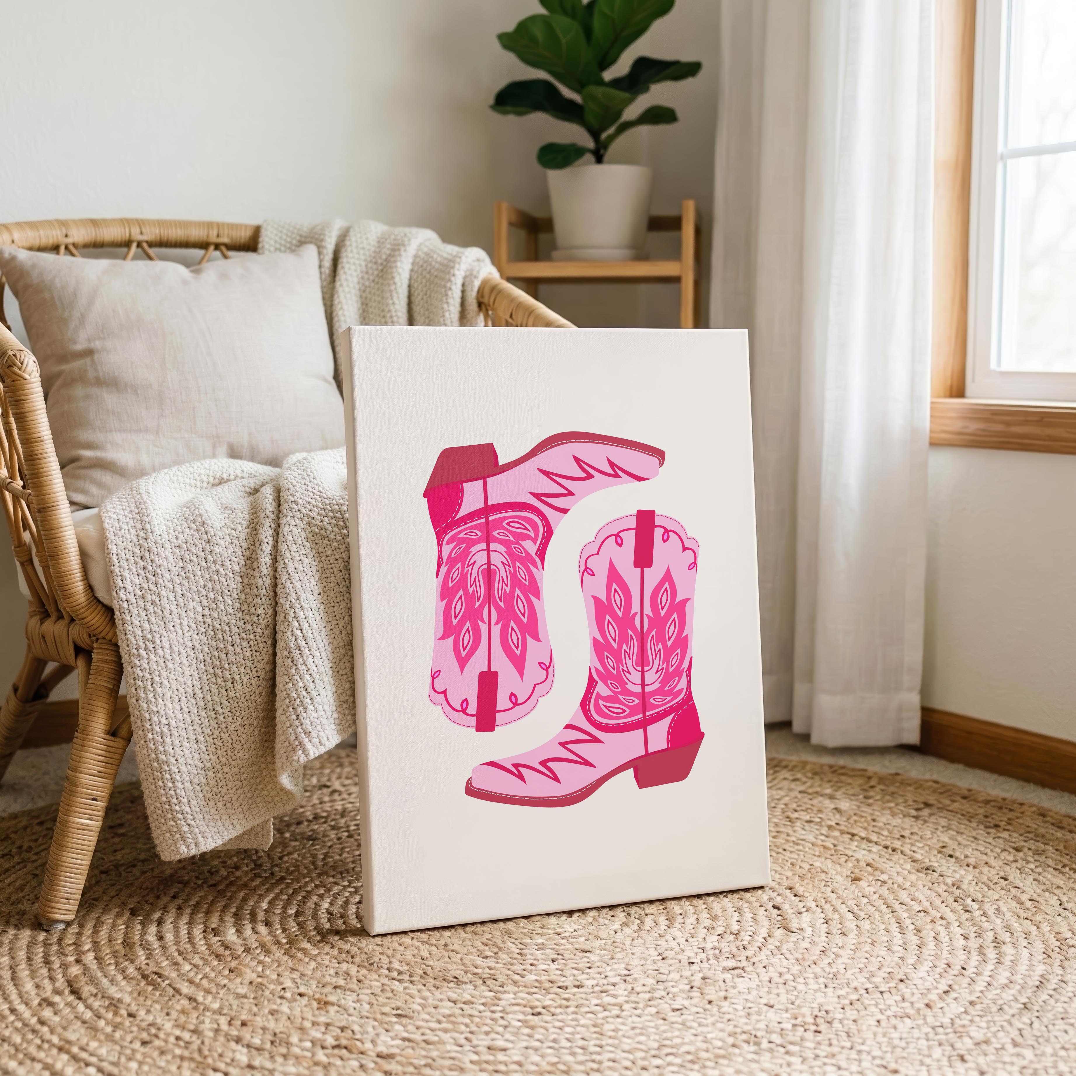 Playful Retro Pink Cowgirl Western Boots - Framed Canvas Wall Art Print | House Prints