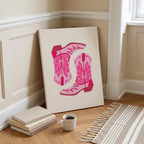 Playful Retro Pink Cowgirl Western Boots - Framed Canvas Wall Art Print | House Prints
