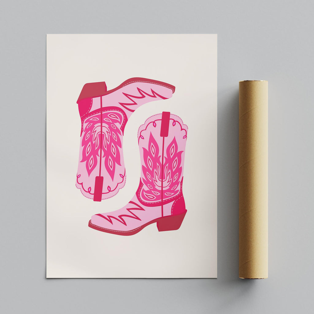 Playful Retro Pink Cowgirl Western Boots - Rolled Poster Wall Art Print