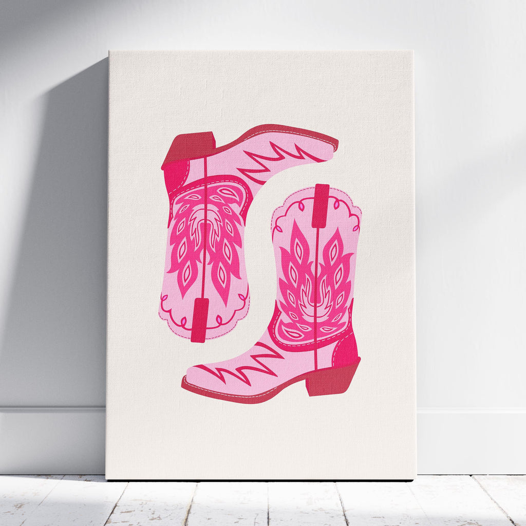 Playful Retro Pink Cowgirl Western Boots - Framed Canvas Wall Art Print | House Prints