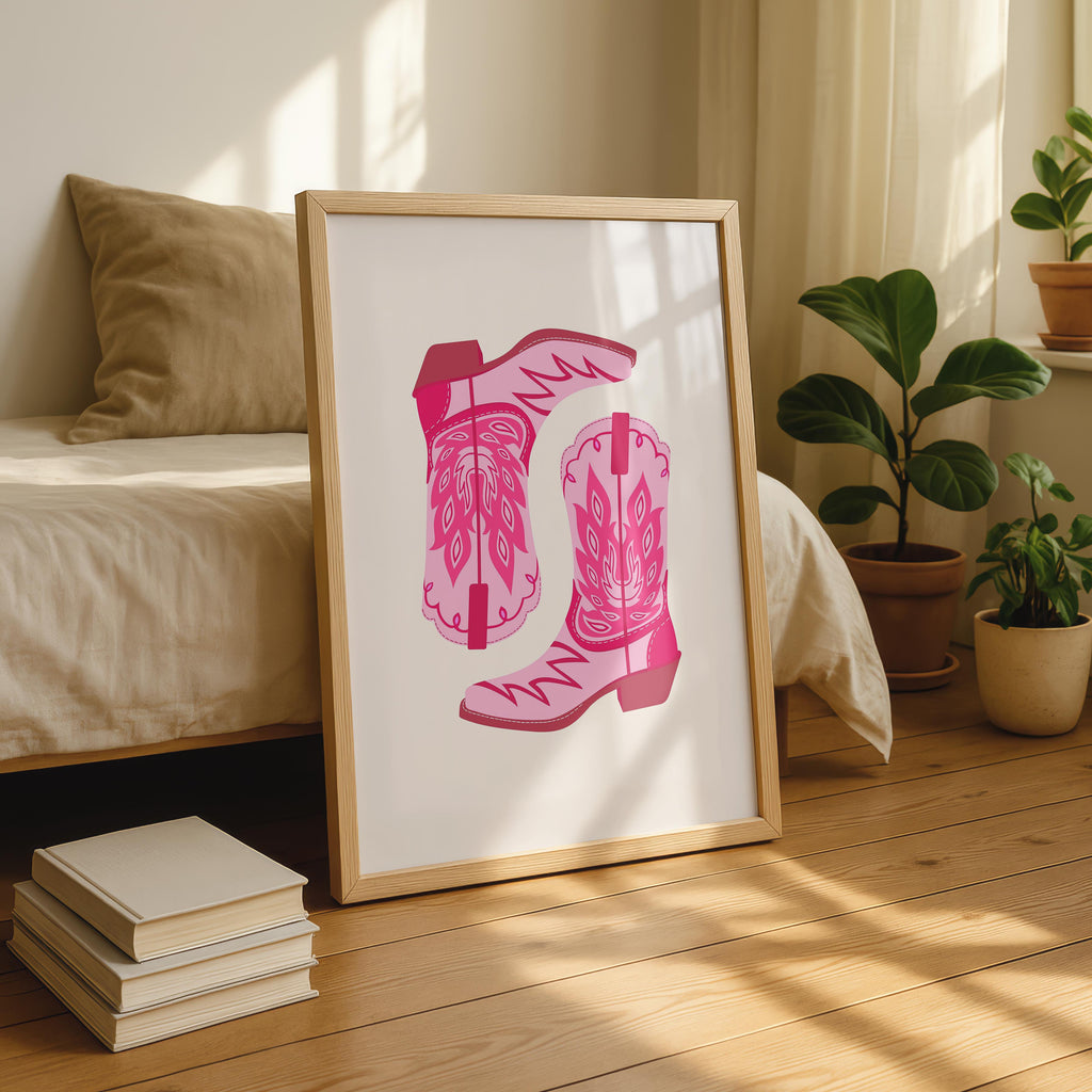 Playful Retro Pink Cowgirl Western Boots - Rolled Poster Wall Art Print