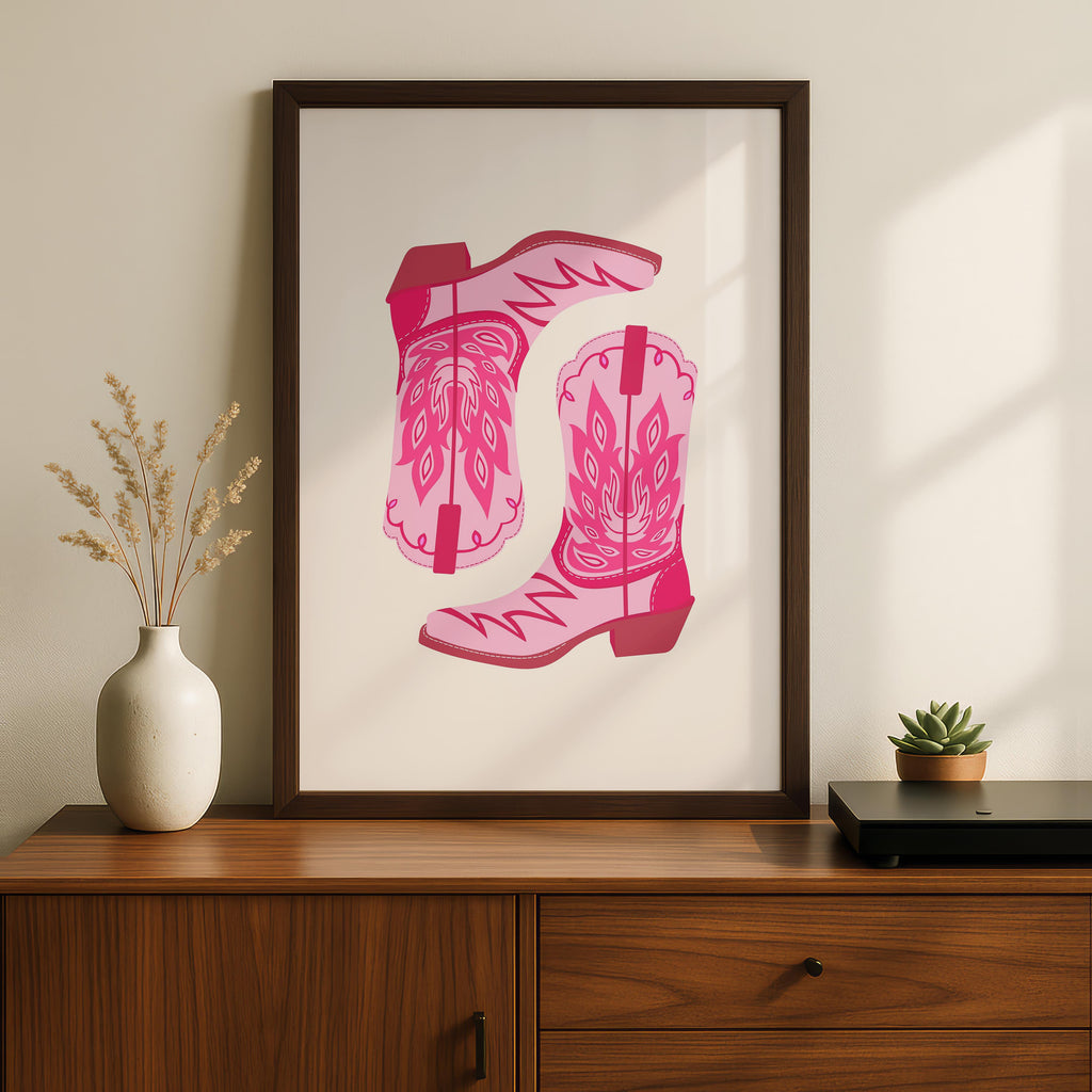 Playful Retro Pink Cowgirl Western Boots - Rolled Poster Wall Art Print