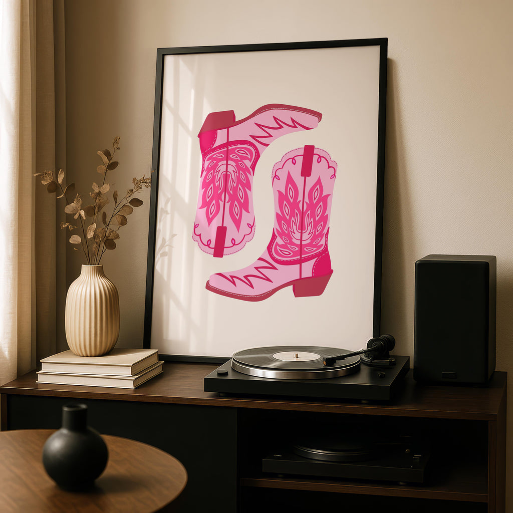 Playful Retro Pink Cowgirl Western Boots - Rolled Poster Wall Art Print