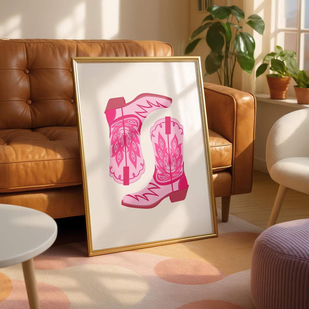 Playful Retro Pink Cowgirl Western Boots - Rolled Poster Wall Art Print