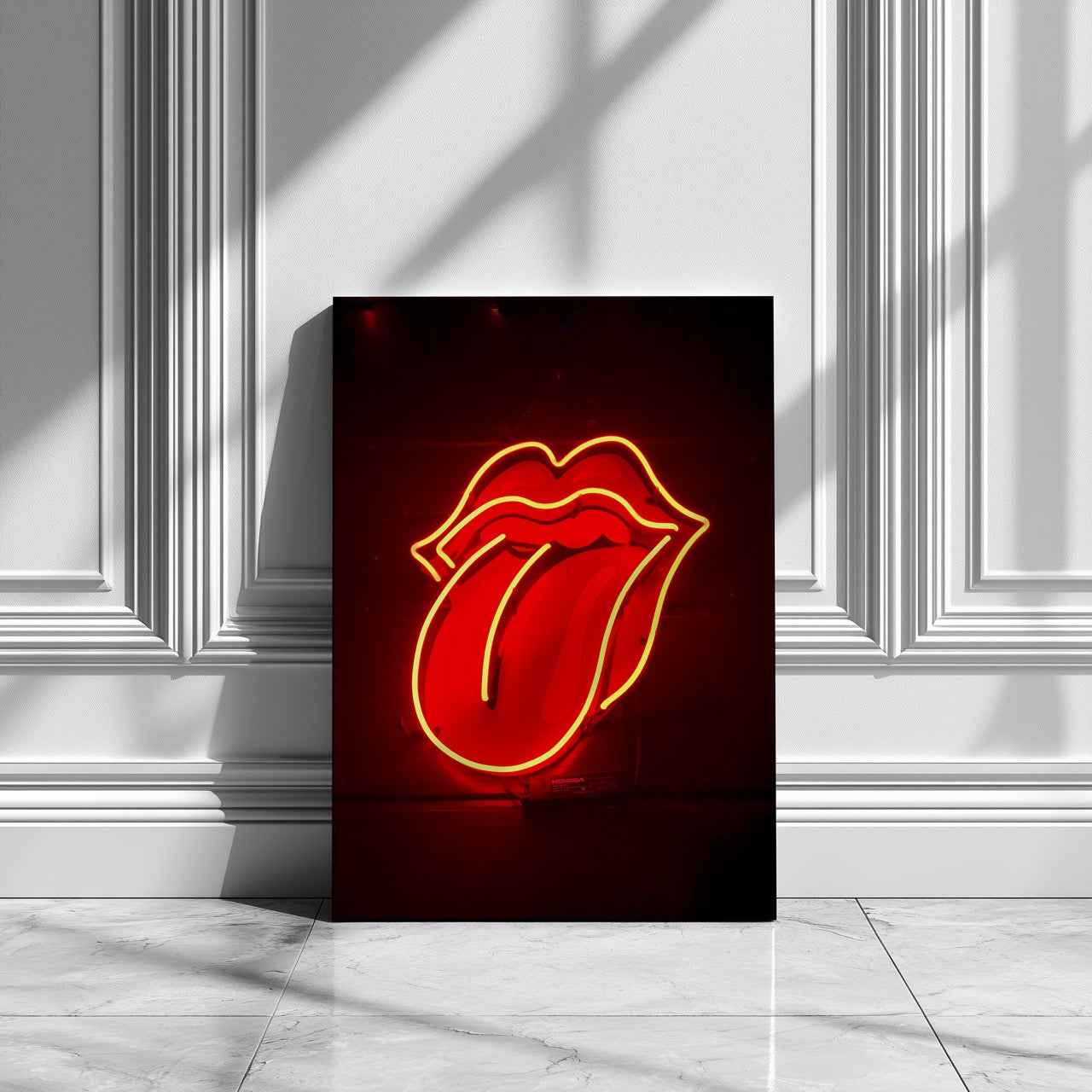 Red Tongue Neon Glow - Framed Canvas Wall Art Print - House Prints