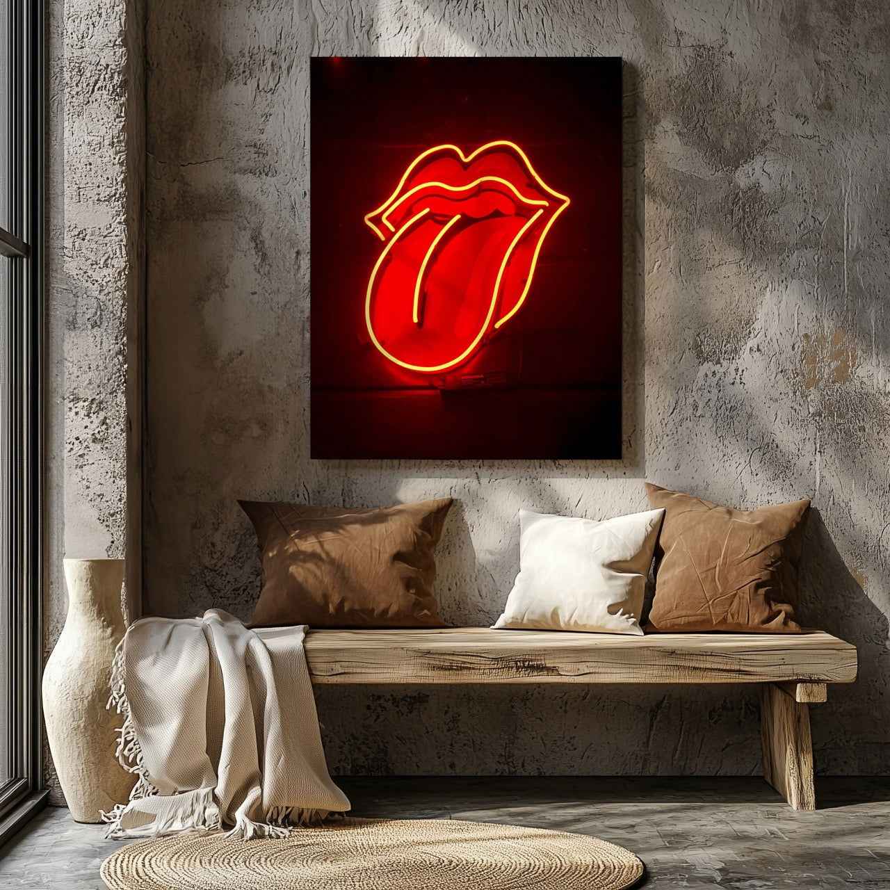 Red Tongue Neon Glow - Framed Canvas Wall Art Print - House Prints