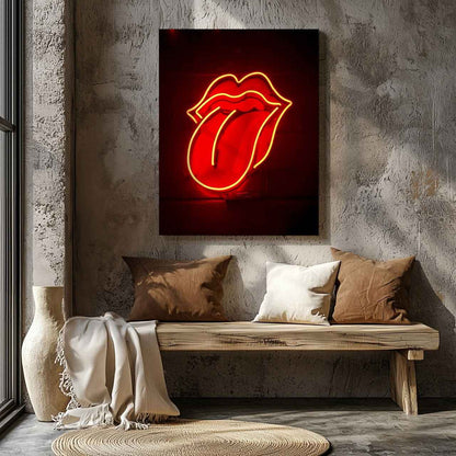 Red Tongue Neon Glow - Framed Canvas Wall Art Print - House Prints