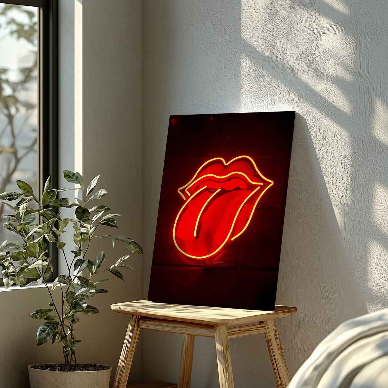 Red Tongue Neon Glow - Framed Canvas Wall Art Print - House Prints