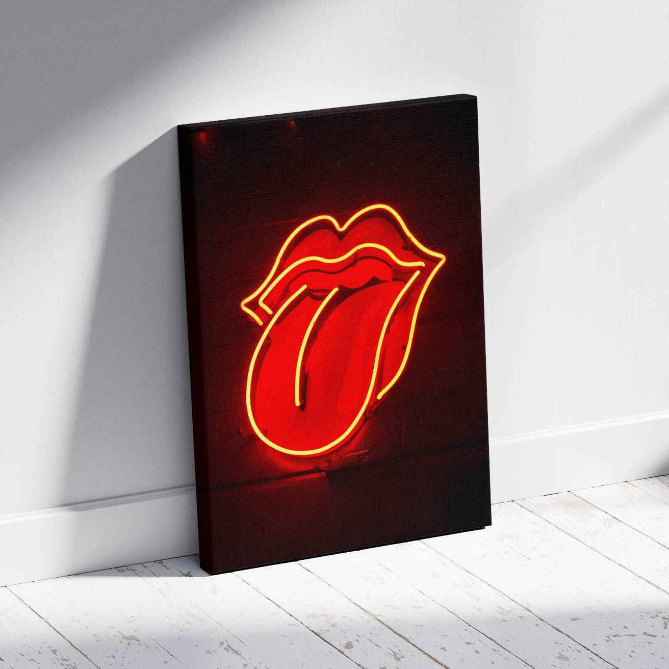 Red Tongue Neon Glow - Framed Canvas Wall Art Print - House Prints