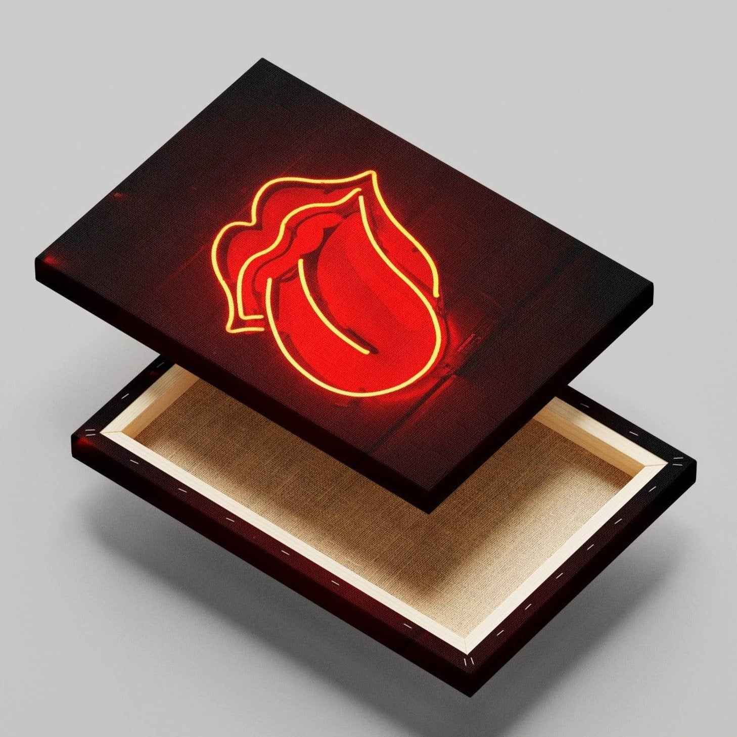 Red Tongue Neon Glow - Framed Canvas Wall Art Print - House Prints