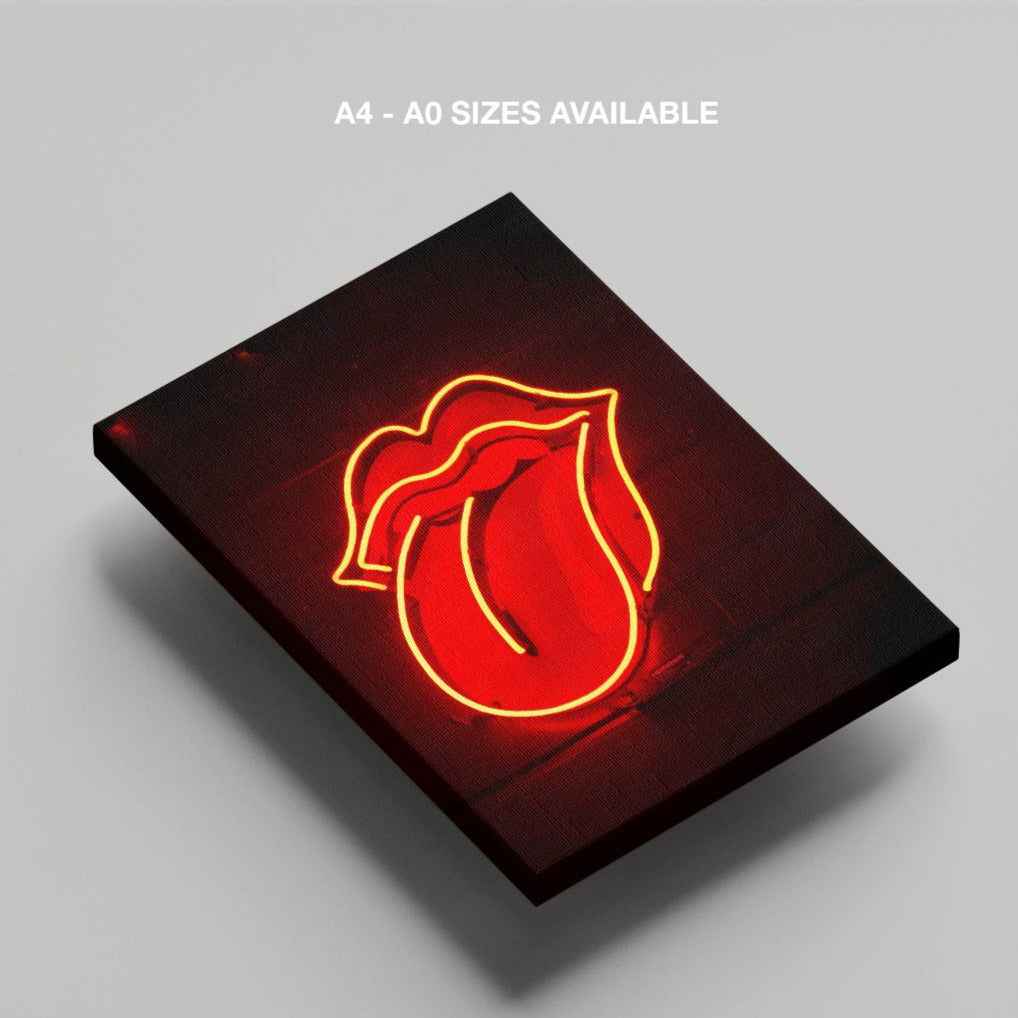 Red Tongue Neon Glow - Framed Canvas Wall Art Print - House Prints