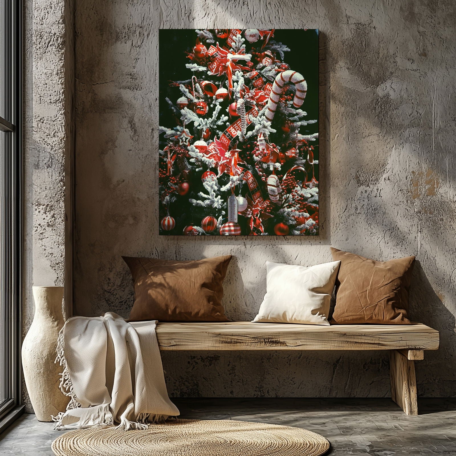 Red & White Festive Christmas Tree - Framed Canvas Wall Art Print | House Prints
