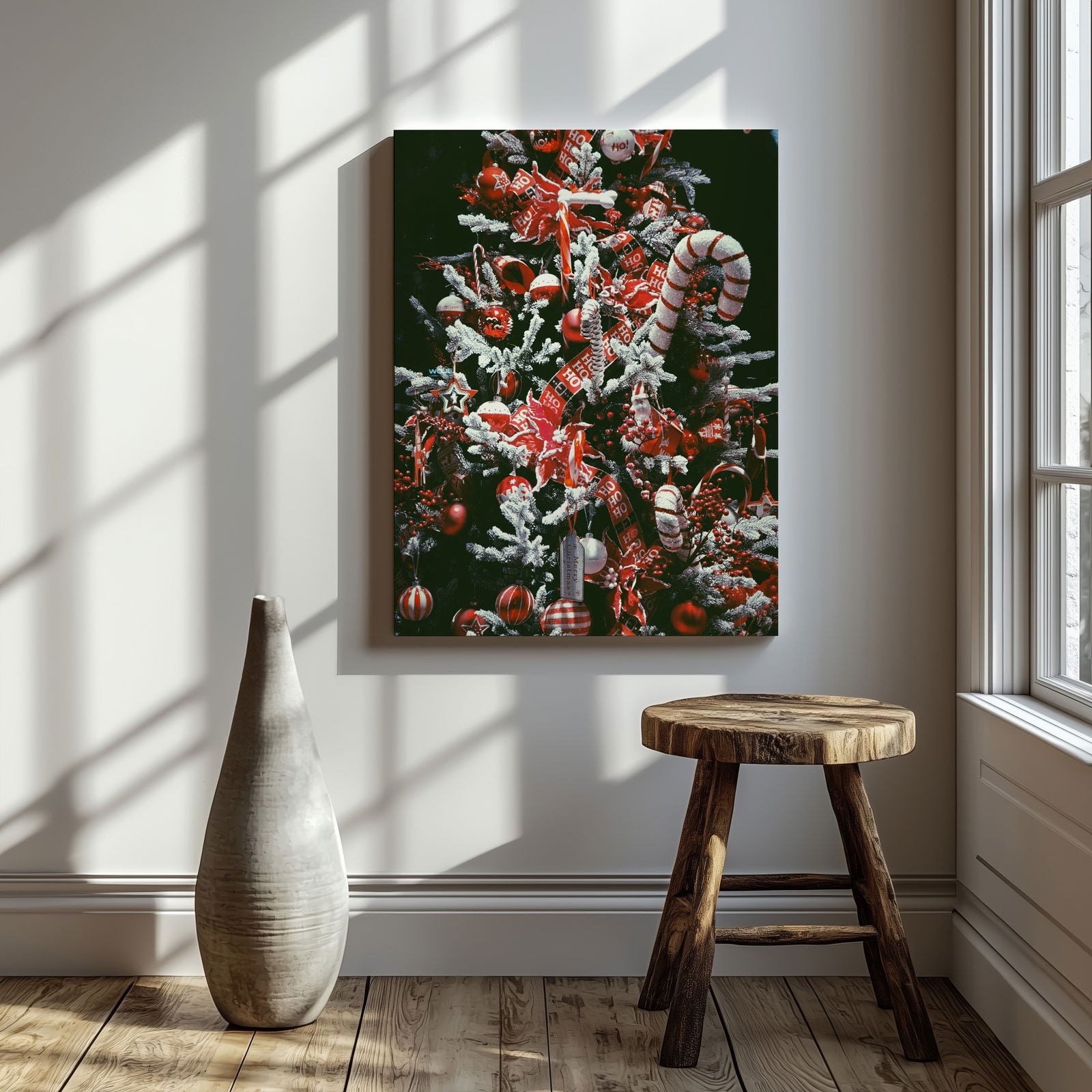 Red & White Festive Christmas Tree - Framed Canvas Wall Art Print | House Prints