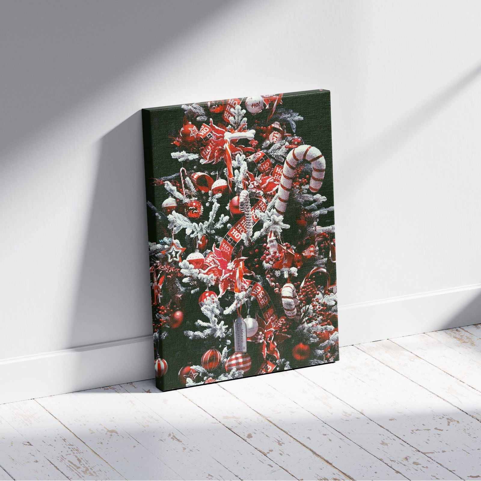 Red & White Festive Christmas Tree - Framed Canvas Wall Art Print | House Prints