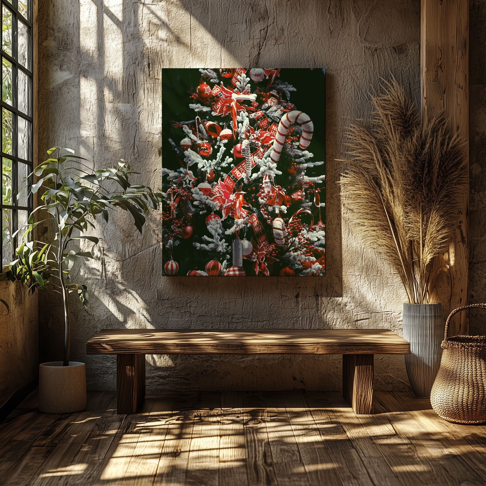 Red & White Festive Christmas Tree - Framed Canvas Wall Art Print | House Prints