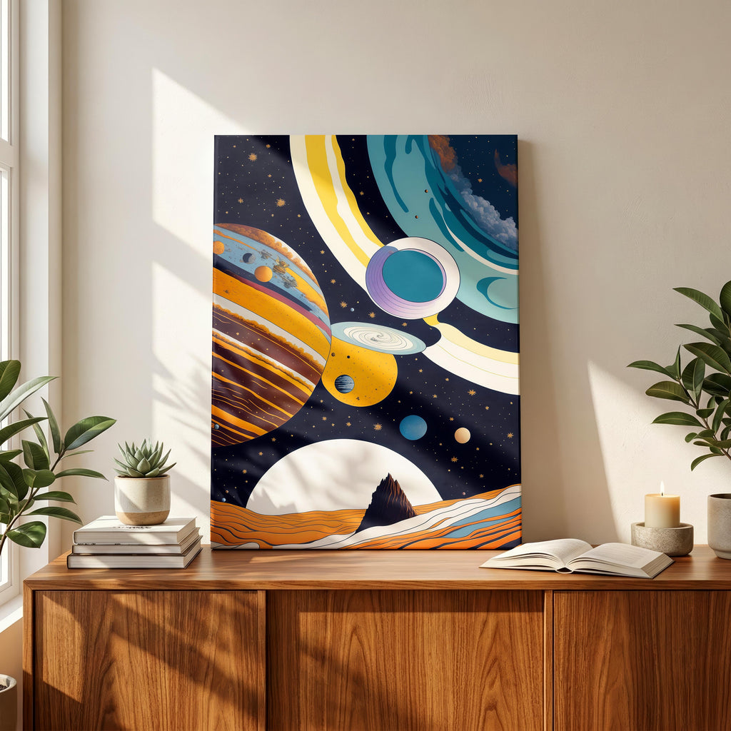 Retro Cosmic Space Planets in the Galaxy - Framed Canvas Wall Art Print