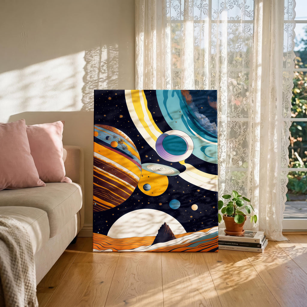 Retro Cosmic Space Planets in the Galaxy - Framed Canvas Wall Art Print