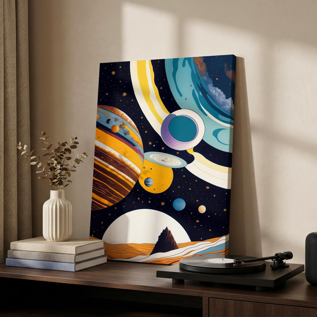 Retro Cosmic Space Planets in the Galaxy - Framed Canvas Wall Art Print