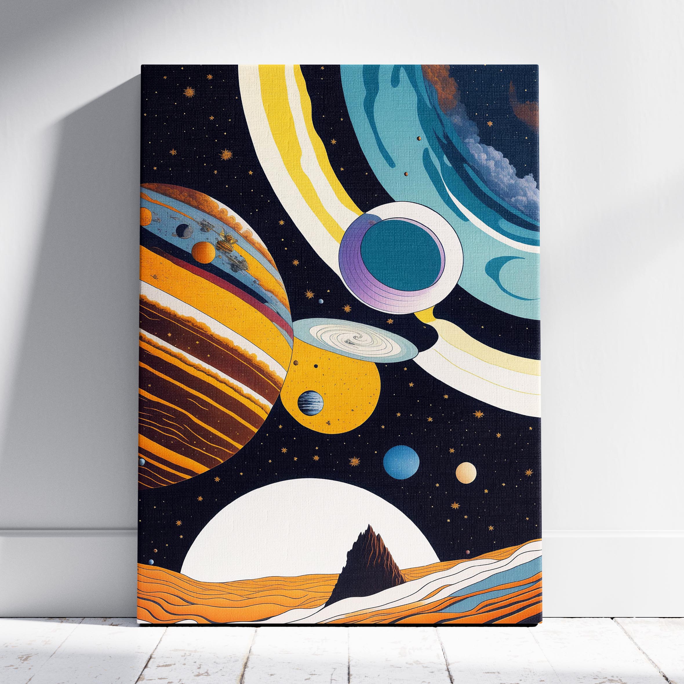 Retro Cosmic Space Planets in the Galaxy - Framed Canvas Wall Art Print