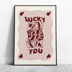 Retro Lucky You Queen Of Hearts Playing Card - Rolled Poster Wall Art Print