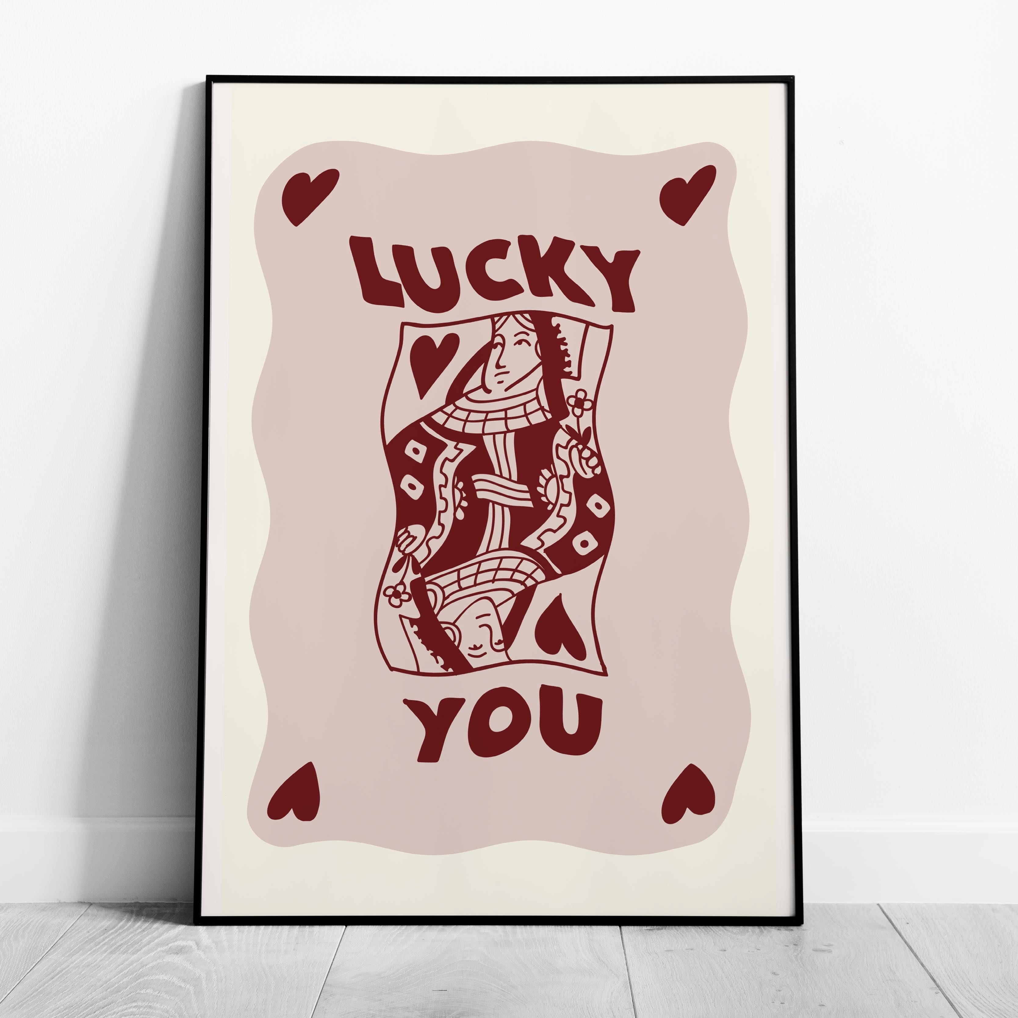 Retro Lucky You Queen Of Hearts Playing Card - Rolled Poster Wall Art Print