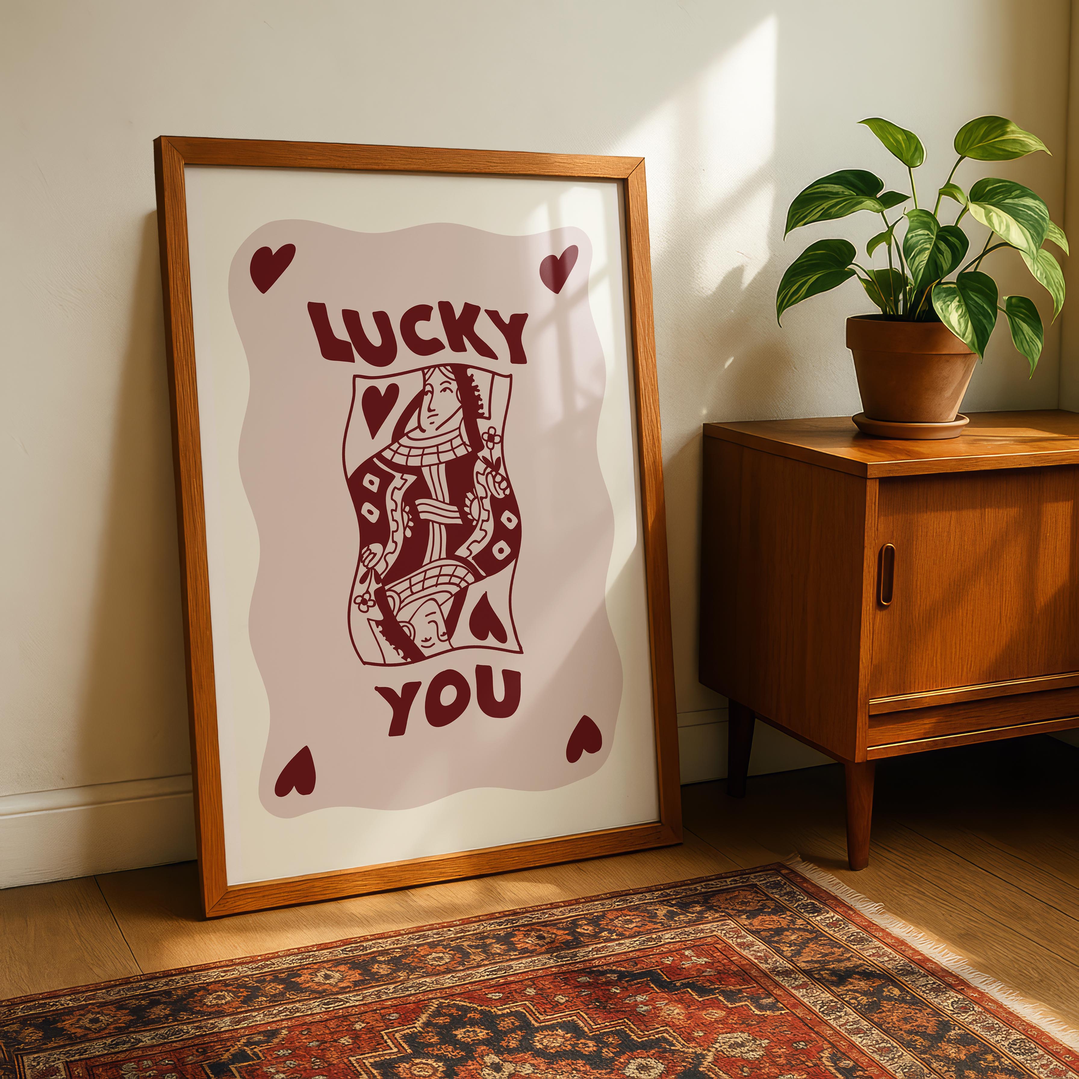 Retro Lucky You Queen Of Hearts Playing Card - Rolled Poster Wall Art Print