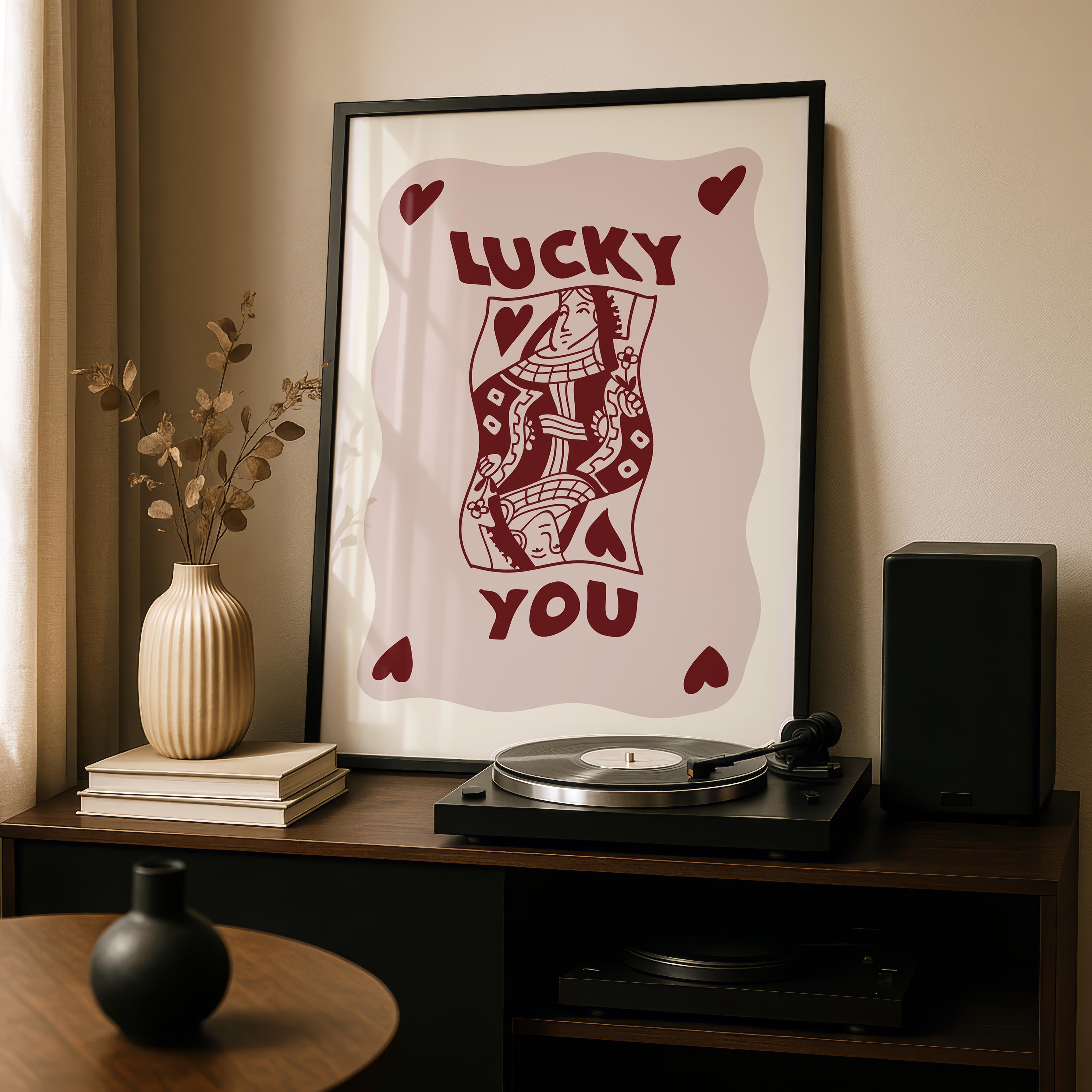 Retro Lucky You Queen Of Hearts Playing Card - Rolled Poster Wall Art Print