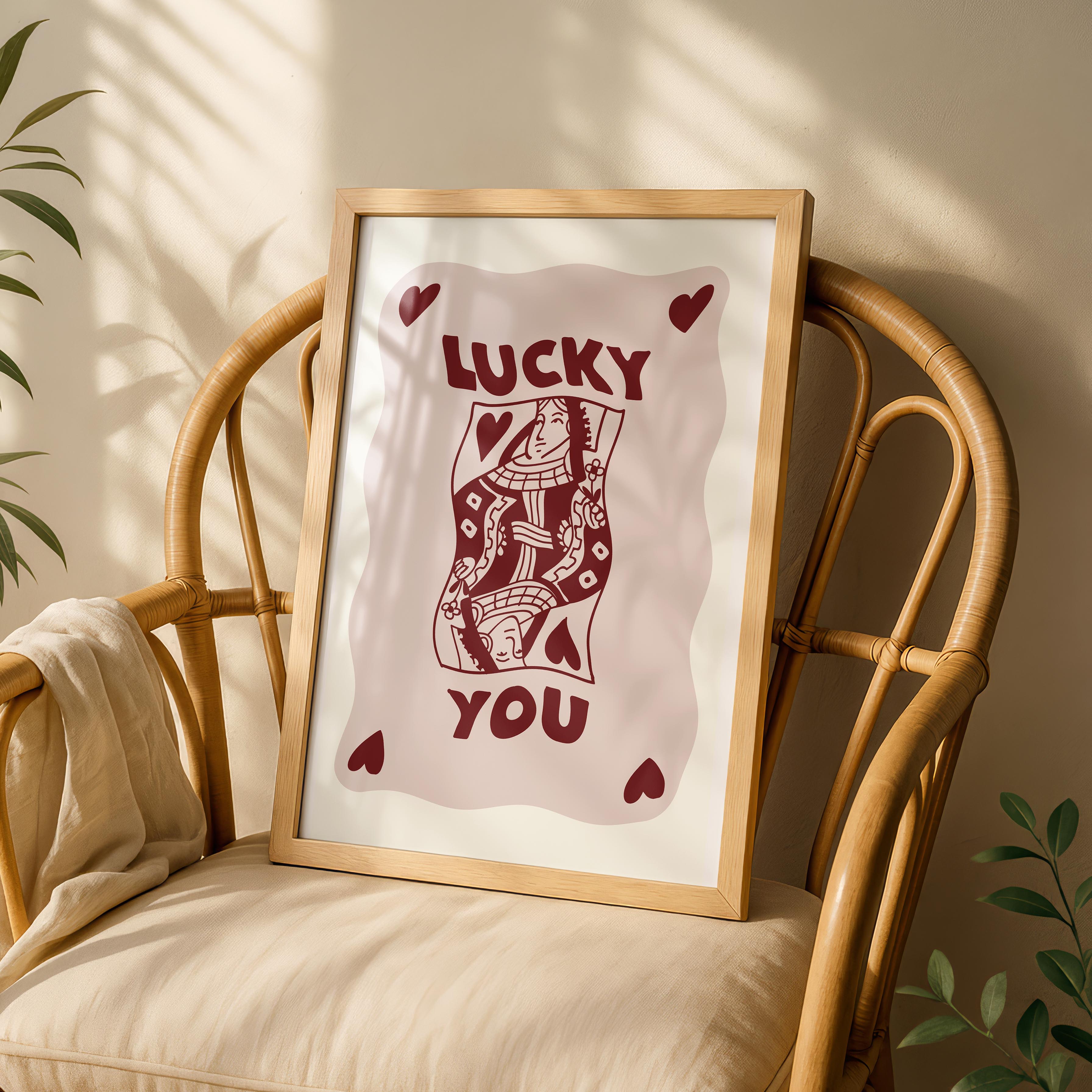 Retro Lucky You Queen Of Hearts Playing Card - Rolled Poster Wall Art Print