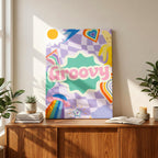 Retro Trendy Pink Groovy Pastel Rainbow - Framed Canvas Wall Art Print