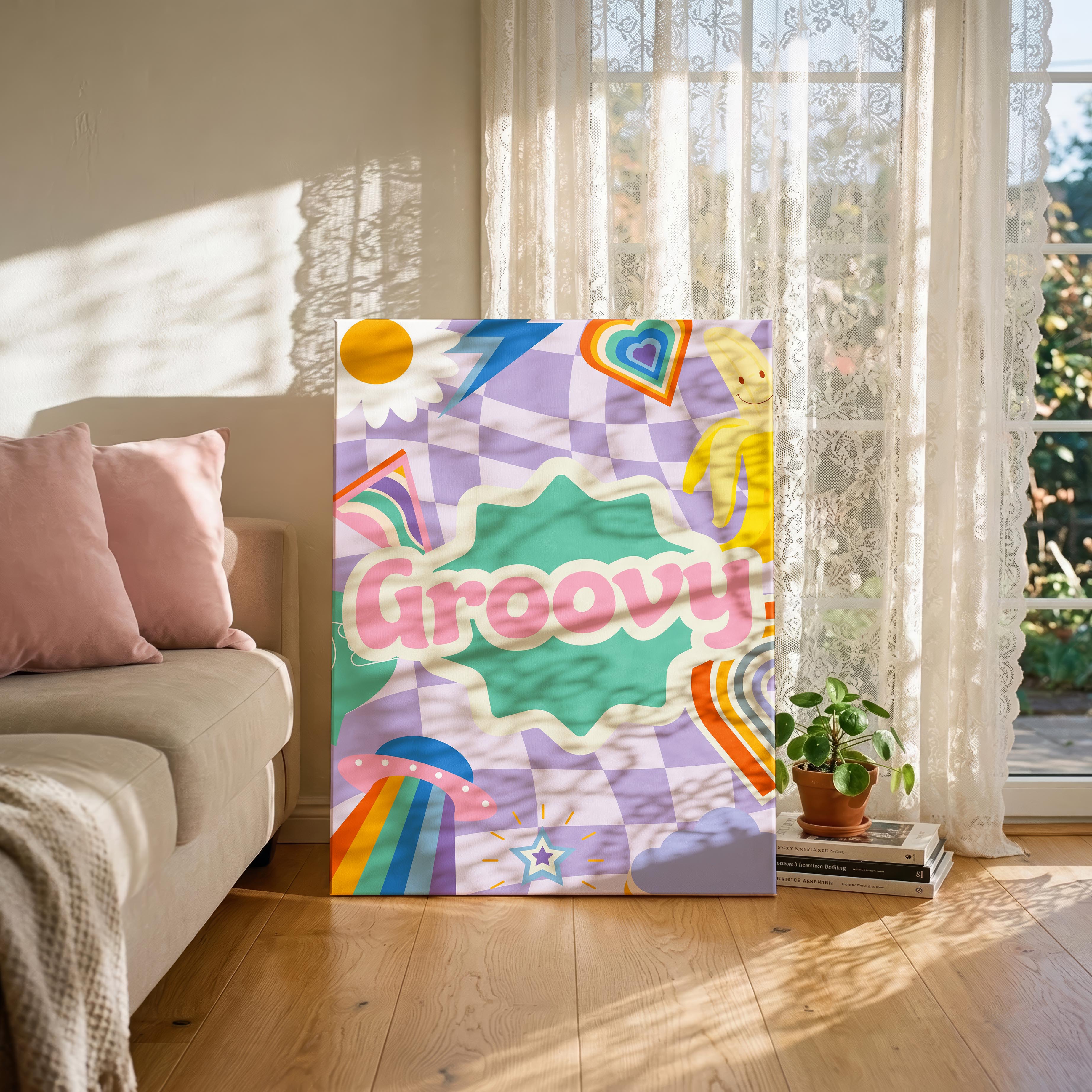Retro Trendy Pink Groovy Pastel Rainbow - Framed Canvas Wall Art Print