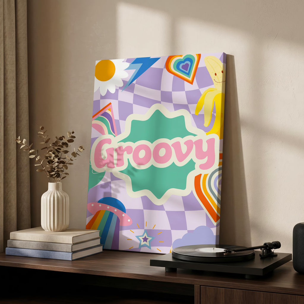 Retro Trendy Pink Groovy Pastel Rainbow - Framed Canvas Wall Art Print