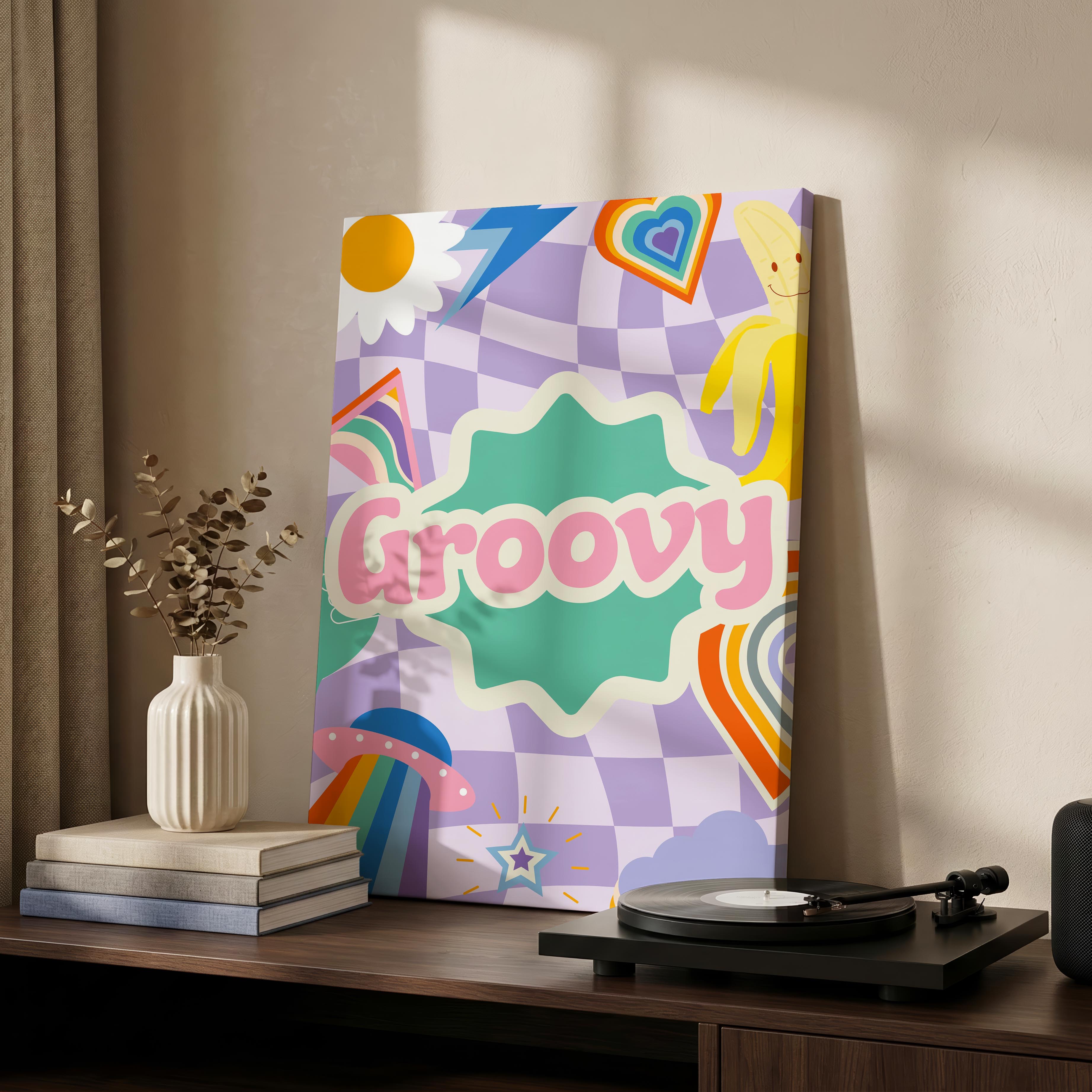 Retro Trendy Pink Groovy Pastel Rainbow - Framed Canvas Wall Art Print