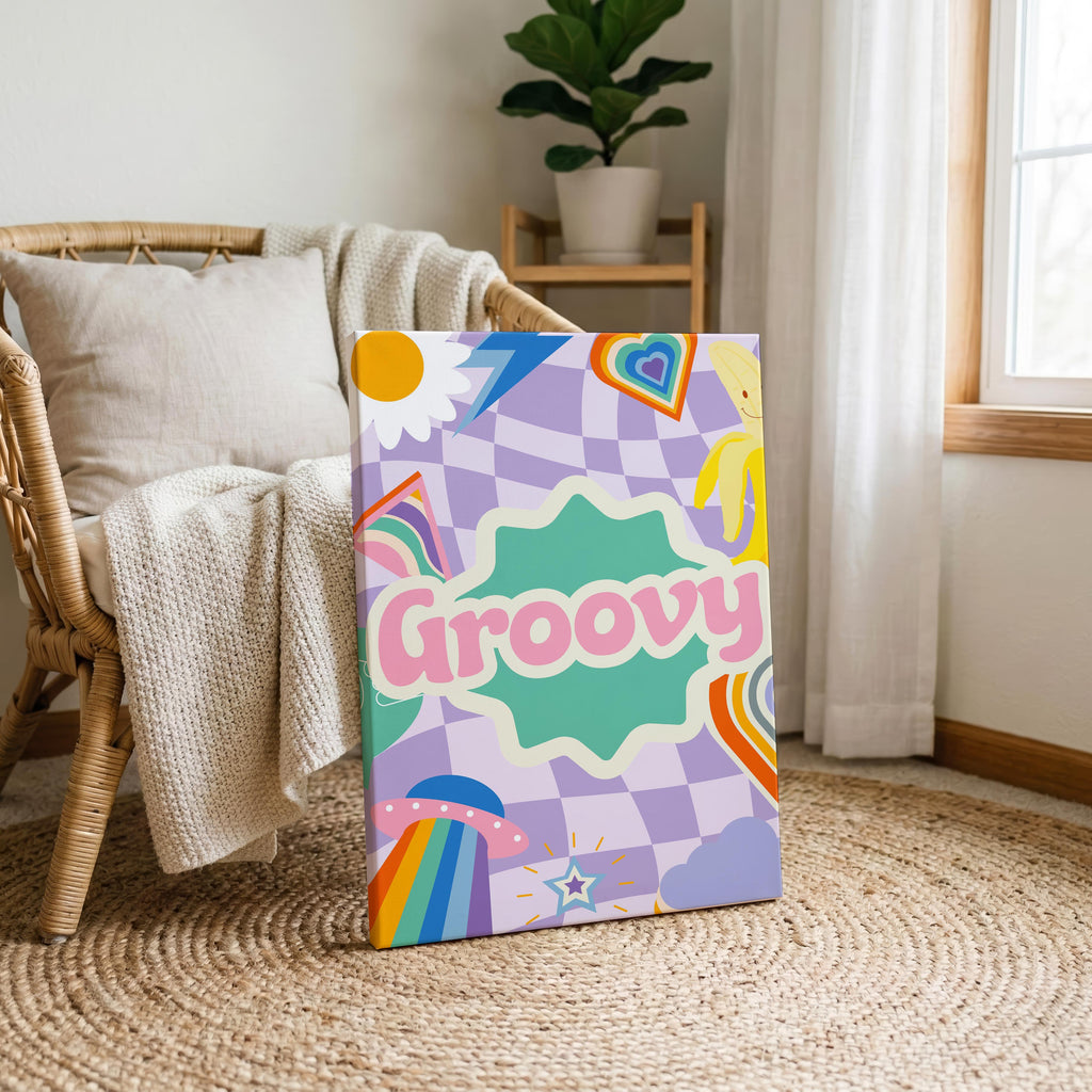 Retro Trendy Pink Groovy Pastel Rainbow - Framed Canvas Wall Art Print