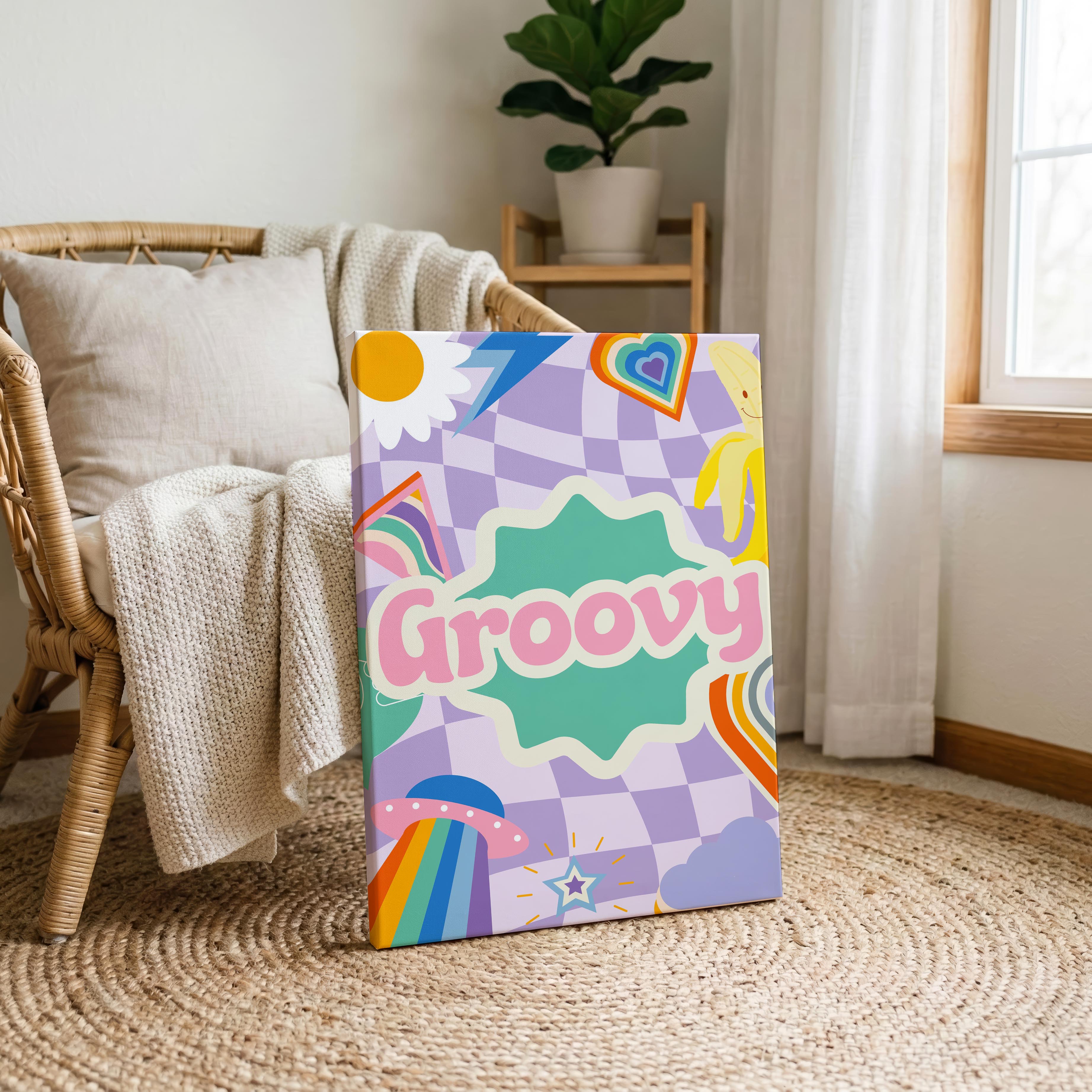 Retro Trendy Pink Groovy Pastel Rainbow - Framed Canvas Wall Art Print