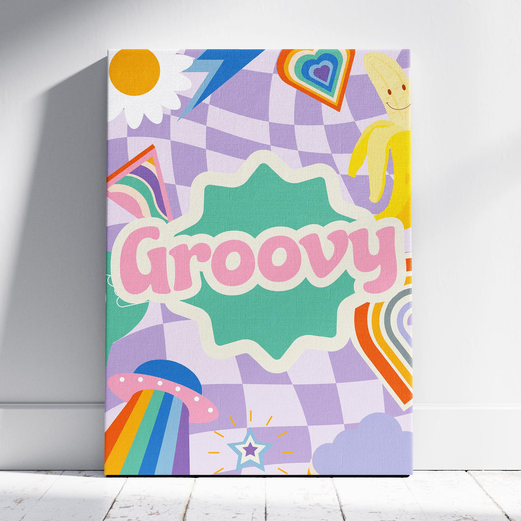 Retro Trendy Pink Groovy Pastel Rainbow - Framed Canvas Wall Art Print