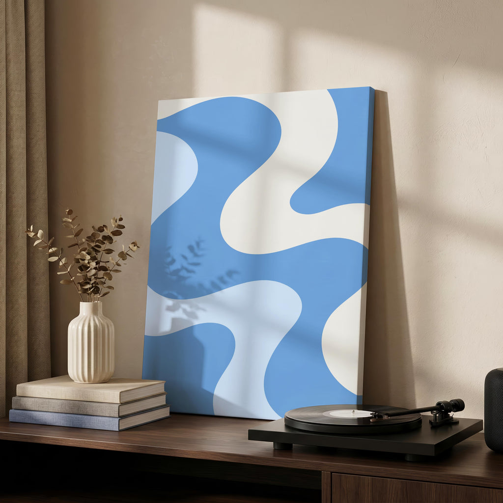 Retro Wavy Blue Pastel Abstract Swirls - Framed Canvas Wall Art Print