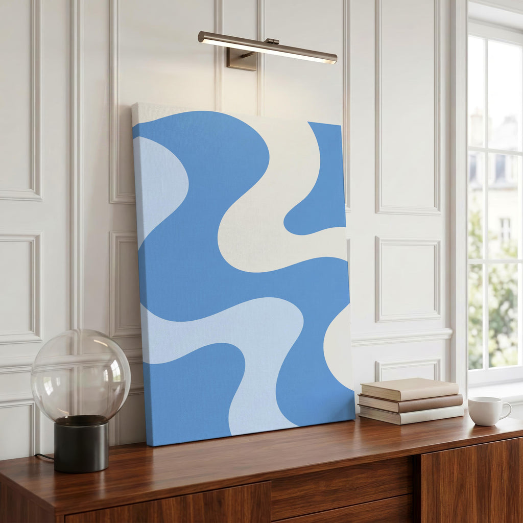 Retro Wavy Blue Pastel Abstract Swirls - Framed Canvas Wall Art Print