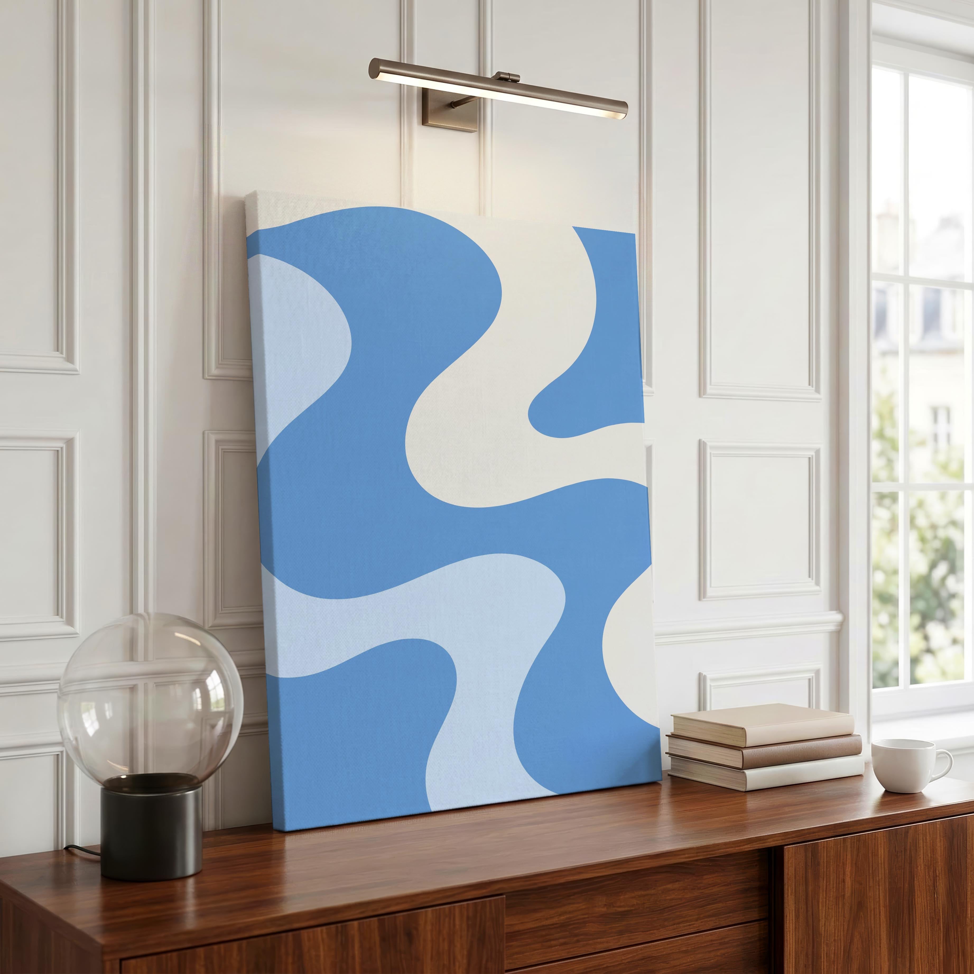 Retro Wavy Blue Pastel Abstract Swirls - Framed Canvas Wall Art Print