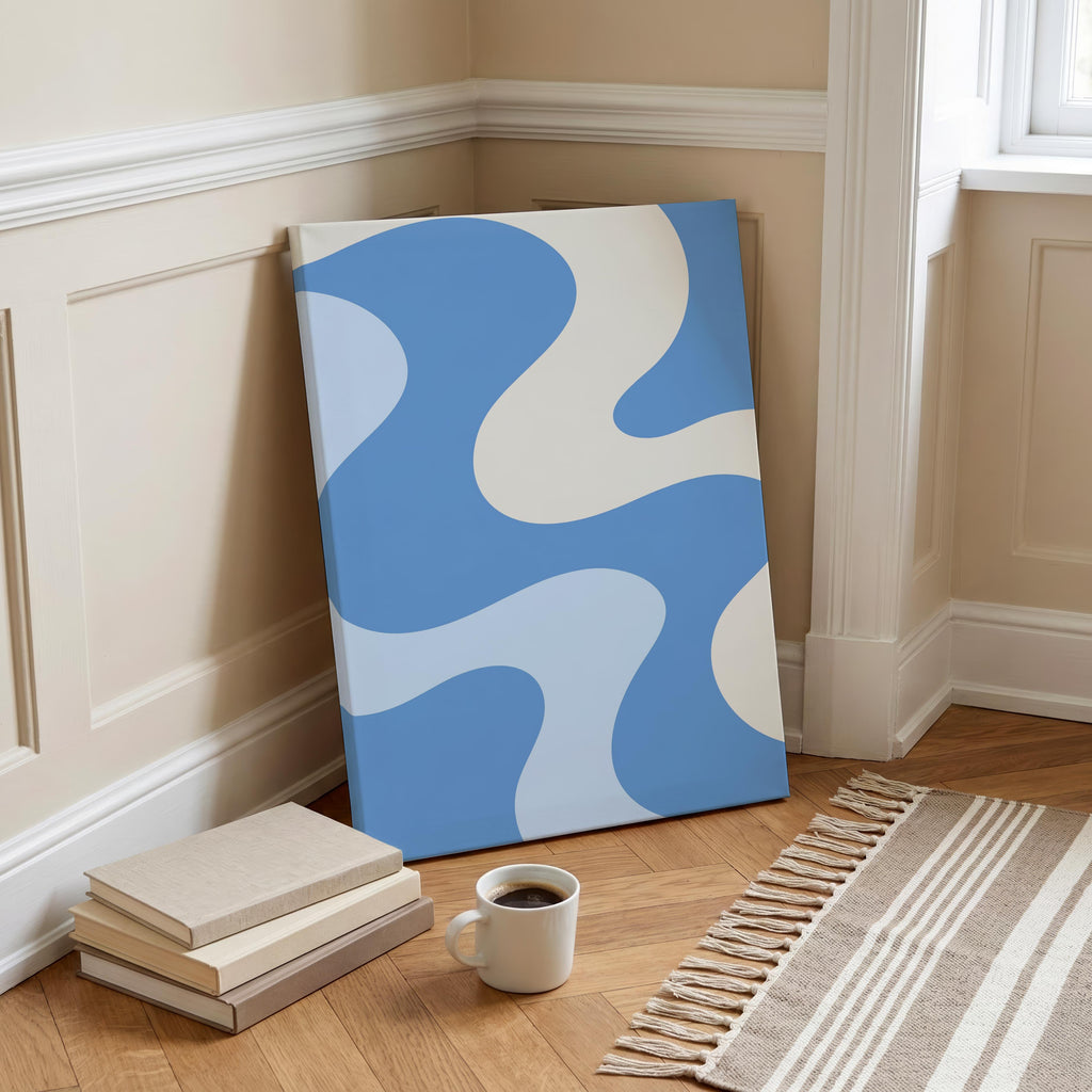 Retro Wavy Blue Pastel Abstract Swirls - Framed Canvas Wall Art Print