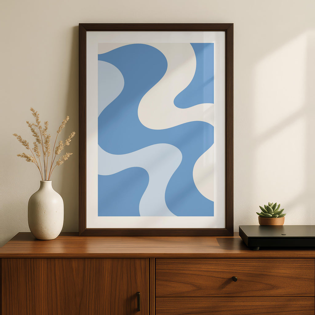 Retro Wavy Blue Pastel Abstract Swirls - Rolled Poster Wall Art Print