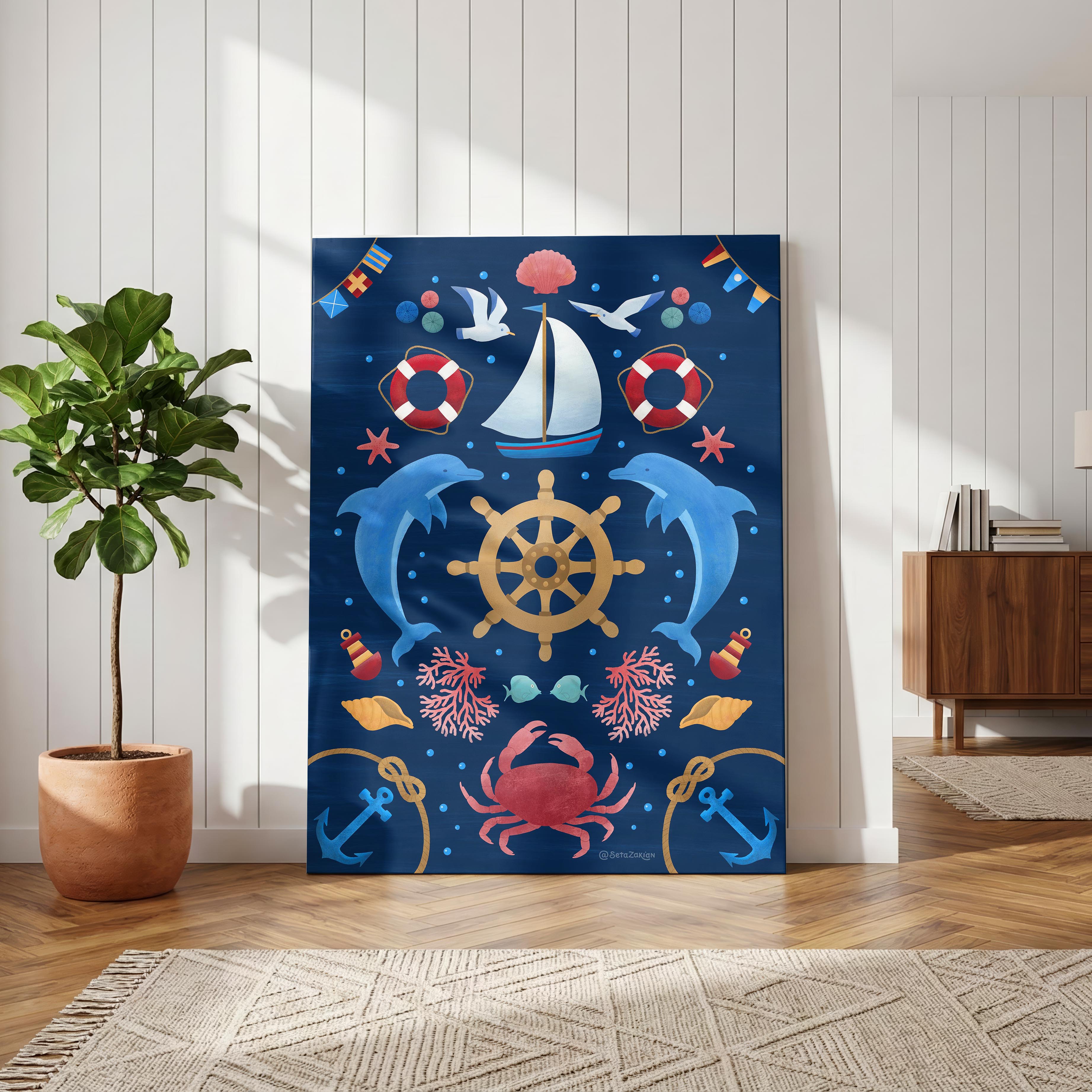 Sail Away (Navy) - Seta Zakian - Framed Canvas Wall Art Print